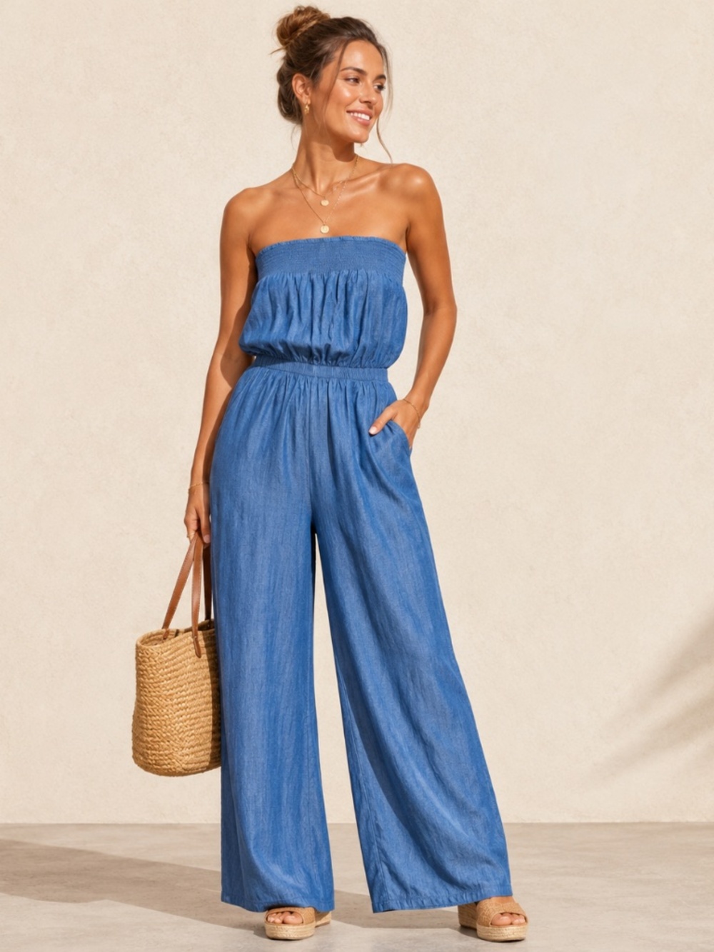 Next Dark Blue Bandeau Strapless Smocked Wide Leg Chambray Jumpsuit Size 10T